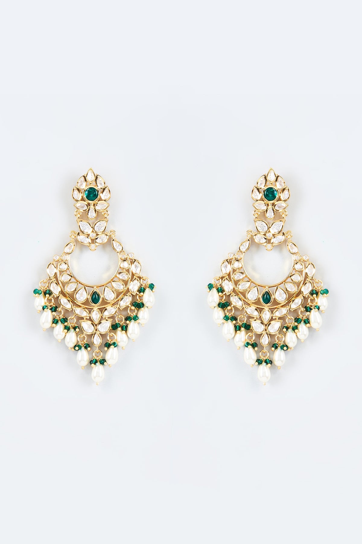 Gold Finish Kundan Polki & Green Stone Dangler Earrings
