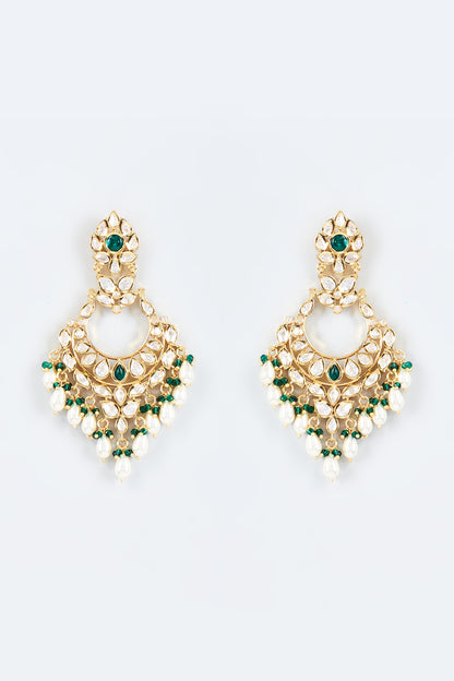 Gold Finish Kundan Polki & Green Stone Dangler Earrings