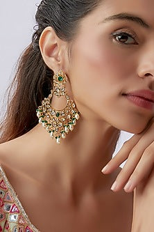 Gold Finish Kundan Polki & Green Stone Dangler Earrings
