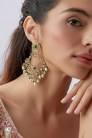 Gold Finish Kundan Polki & Green Stone Dangler Earrings