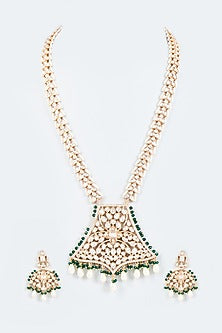 Gold Finish Kundan Polki & Emerald Long Necklace Set