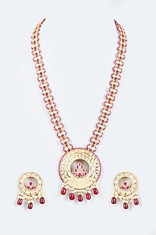 Gold Finish Kundan Polki & Ruby Beaded Long Necklace Set