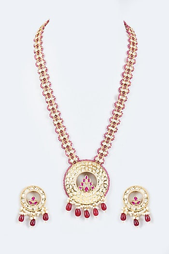 Gold Finish Kundan Polki & Ruby Beaded Long Necklace Set
