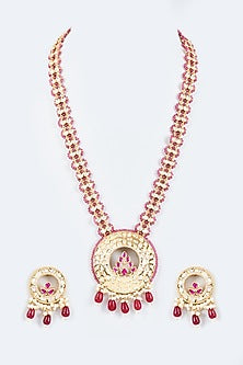 Gold Finish Kundan Polki & Ruby Beaded Long Necklace Set