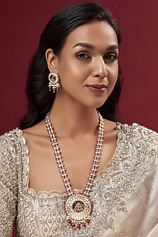 Gold Finish Kundan Polki & Ruby Beaded Long Necklace Set