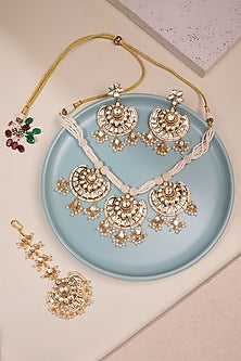 Gold Finish Kundan Polki & Pearl Necklace Set
