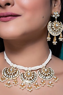 Gold Finish Kundan Polki & Pearl Necklace Set