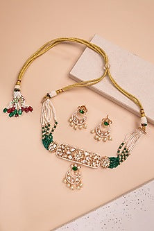 Gold Finish Kundan Polki & Emerald Stone Choker Necklace Set