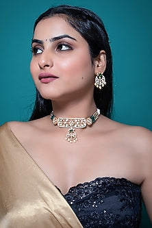 Gold Finish Kundan Polki & Emerald Stone Choker Necklace Set