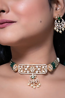 Gold Finish Kundan Polki & Emerald Stone Choker Necklace Set