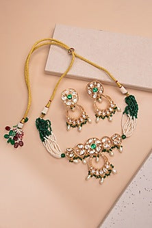 Gold Finish Kundan Polki & Emerald Stone Choker Necklace Set
