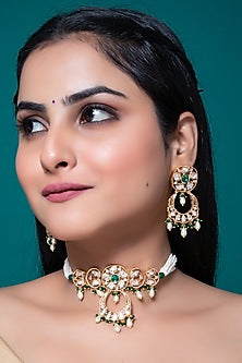 Gold Finish Kundan Polki & Emerald Stone Choker Necklace Set