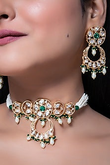 Gold Finish Kundan Polki & Emerald Stone Choker Necklace Set
