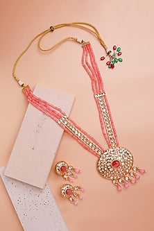 Gold Finish Kundan Polki & Pink Stone Long Necklace Set