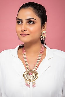 Gold Finish Kundan Polki & Pink Stone Long Necklace Set