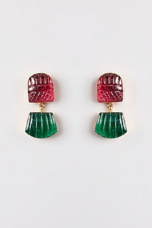 Gold Finish Ruby & Green Stone Dangler Earrings