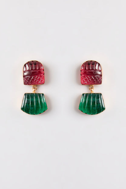 Gold Finish Ruby & Green Stone Dangler Earrings