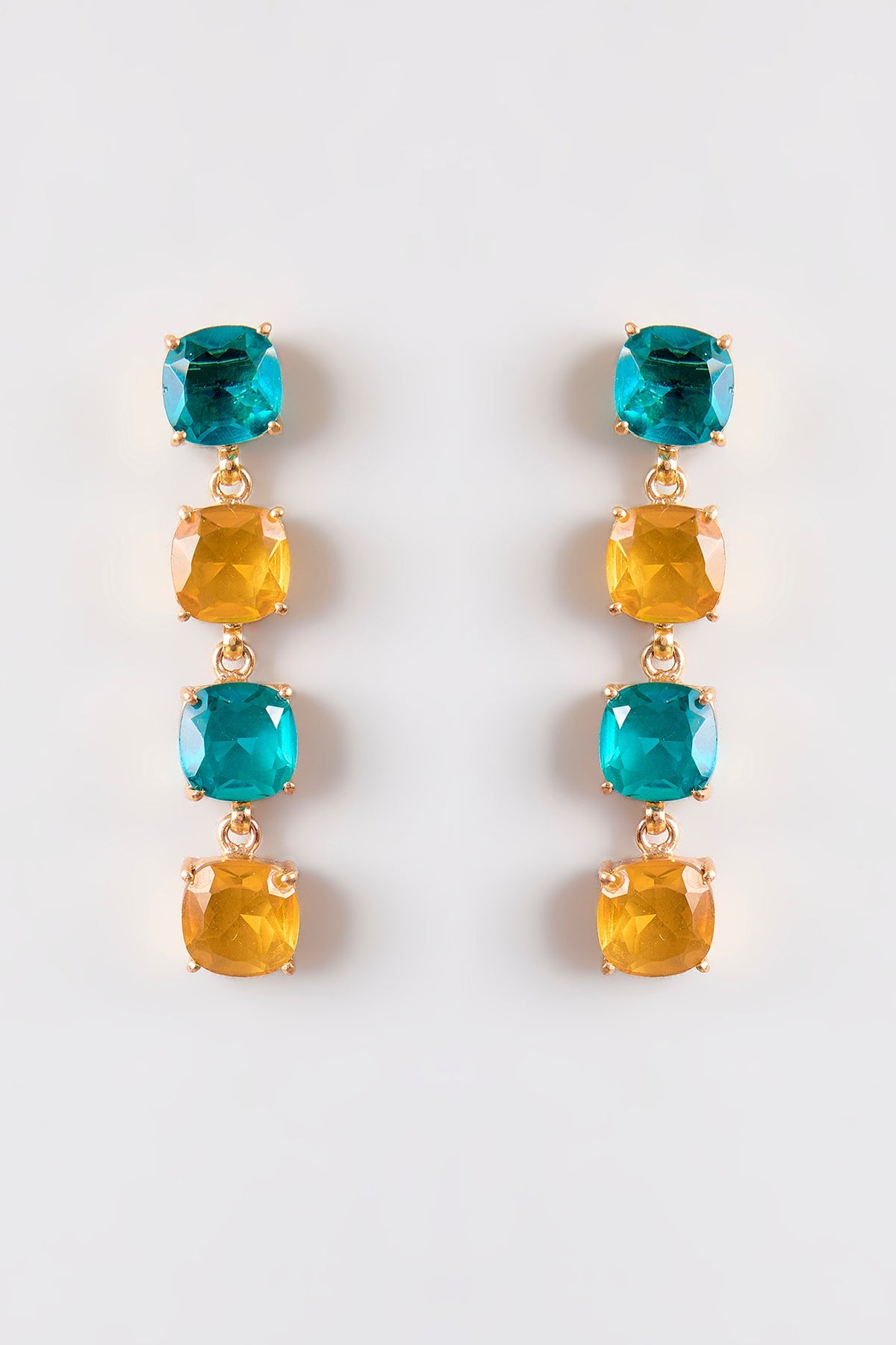 Gold Finish Teal & Gold Stone Dangler Earrings
