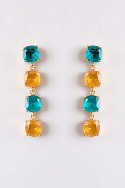 Gold Finish Teal & Gold Stone Dangler Earrings