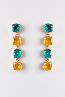 Gold Finish Teal & Gold Stone Dangler Earrings