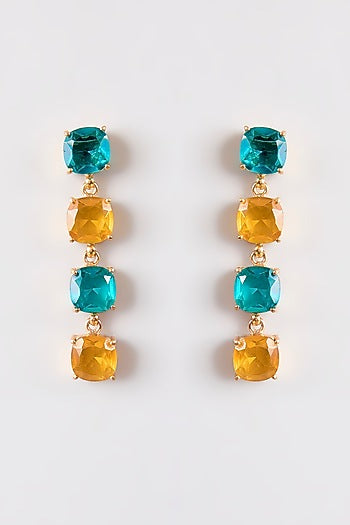 Gold Finish Teal & Gold Stone Dangler Earrings