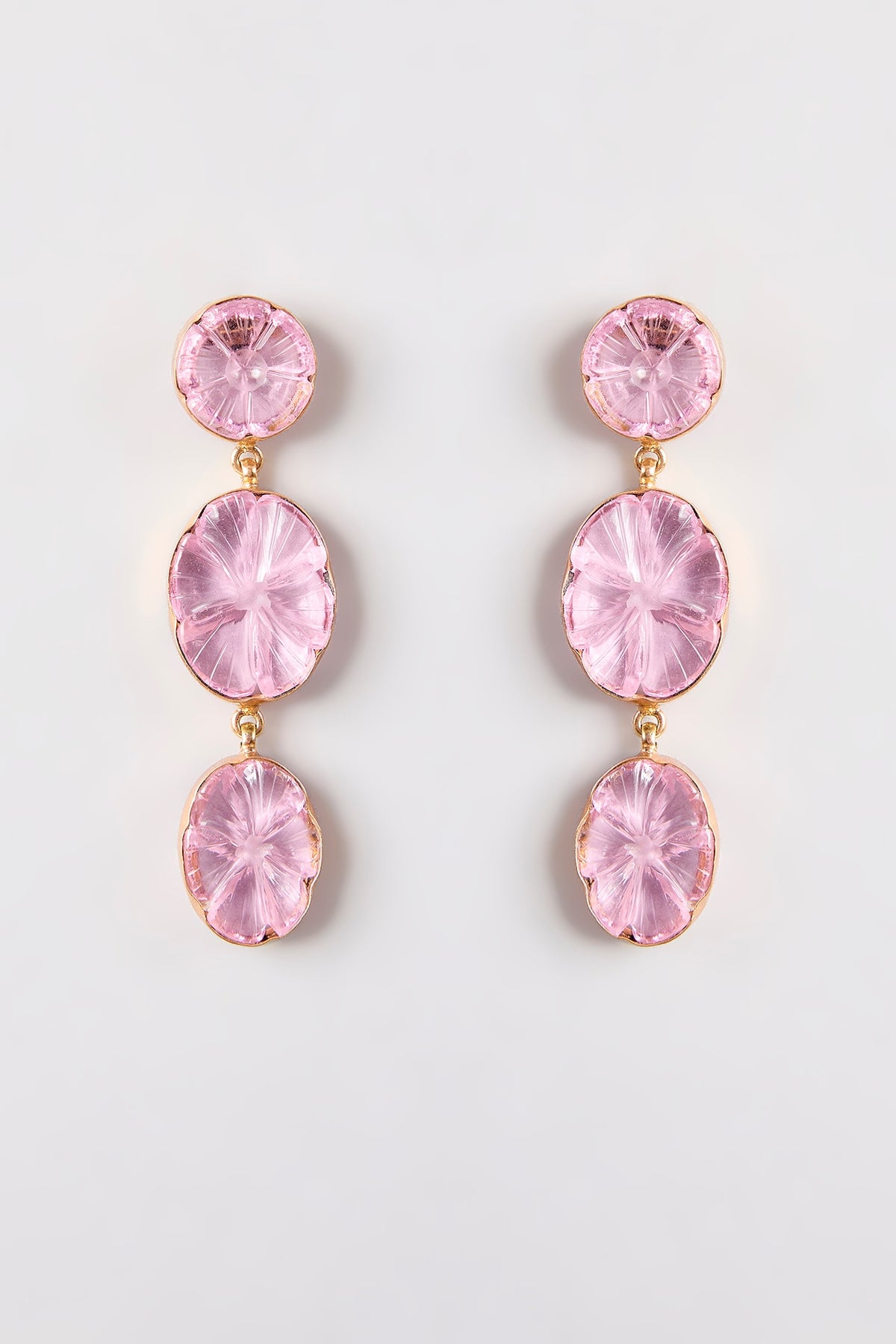 Gold Finish Crystal & Pink Stone Dangler Earrings