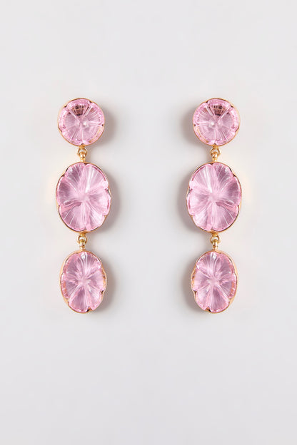 Gold Finish Crystal & Pink Stone Dangler Earrings