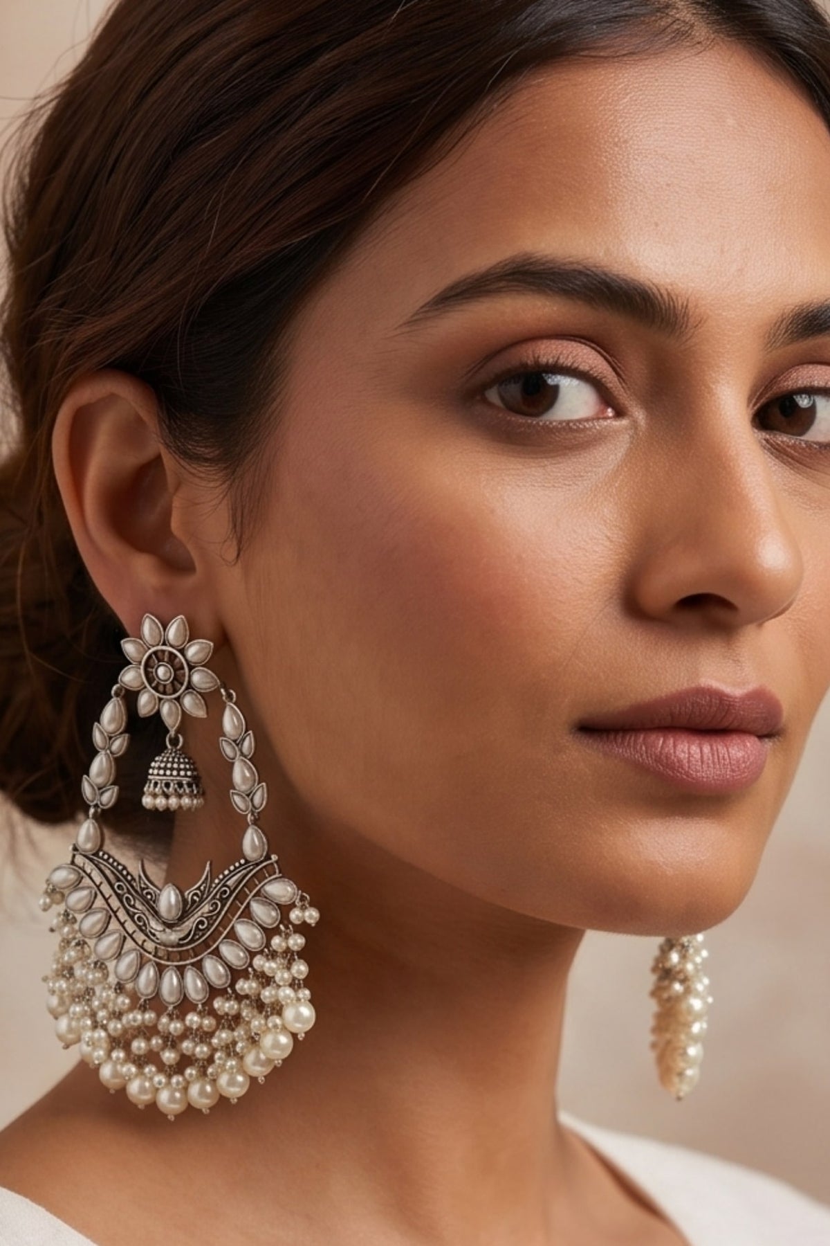 Oxidised Silver Finish Pearl Beaded Dangler Earrings