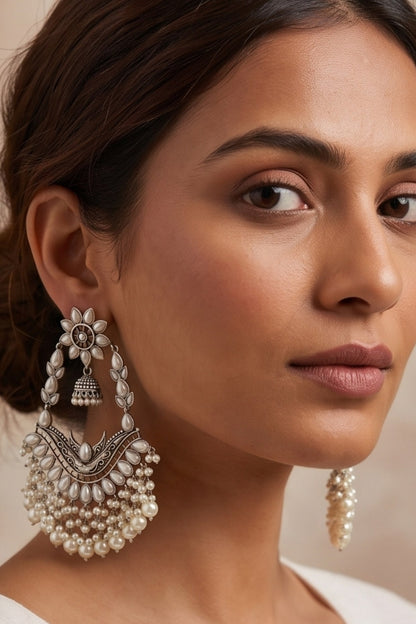Oxidised Silver Finish Pearl Beaded Dangler Earrings