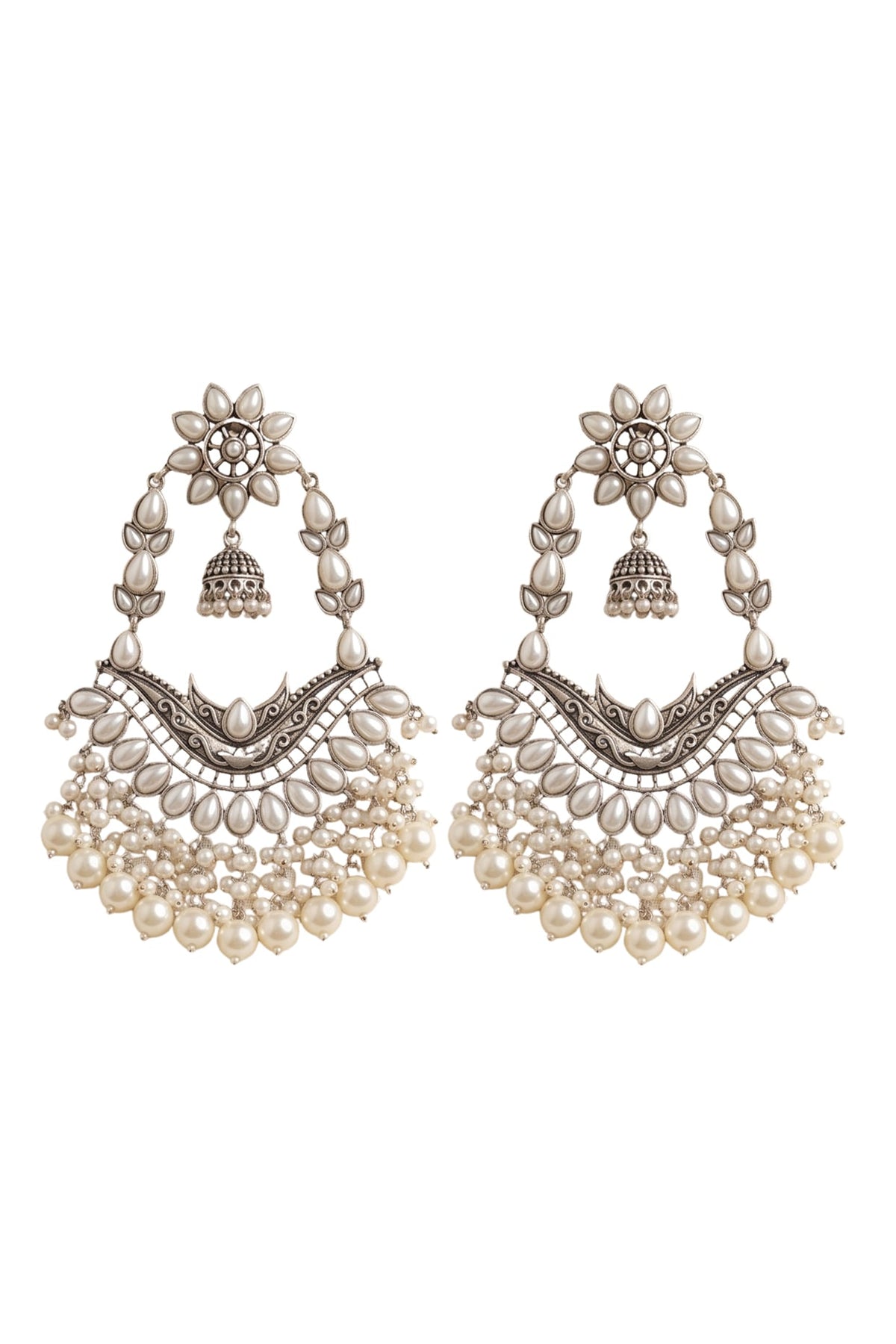 Oxidised Silver Finish Pearl Beaded Dangler Earrings