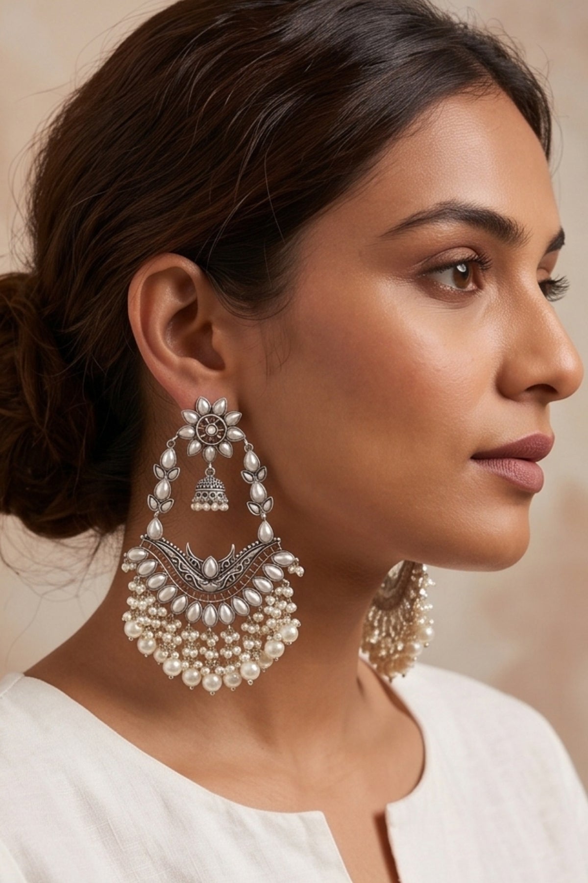 Oxidised Silver Finish Pearl Beaded Dangler Earrings