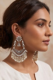 Oxidised Silver Finish Pearl Beaded Dangler Earrings