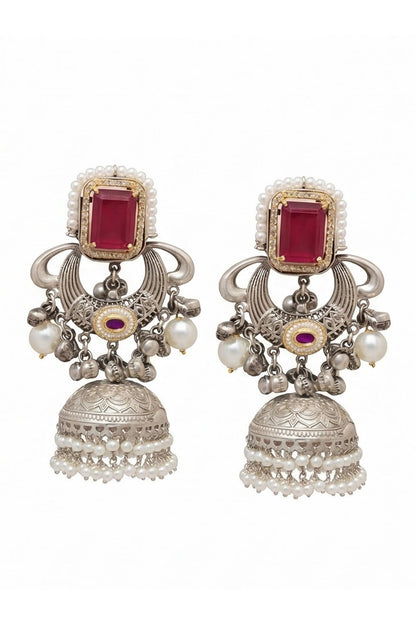 Oxidised Silver Finish Ruby Stone & Pearl Jhumka Earrings