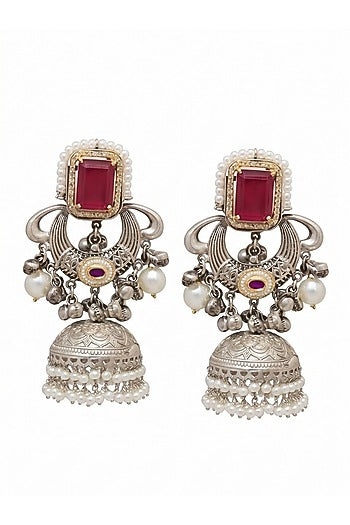 Oxidised Silver Finish Ruby Stone & Pearl Jhumka Earrings