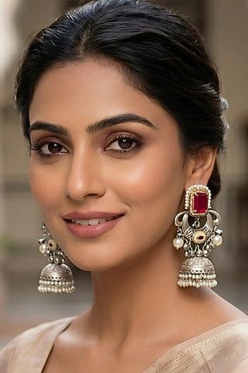 Oxidised Silver Finish Ruby Stone & Pearl Jhumka Earrings