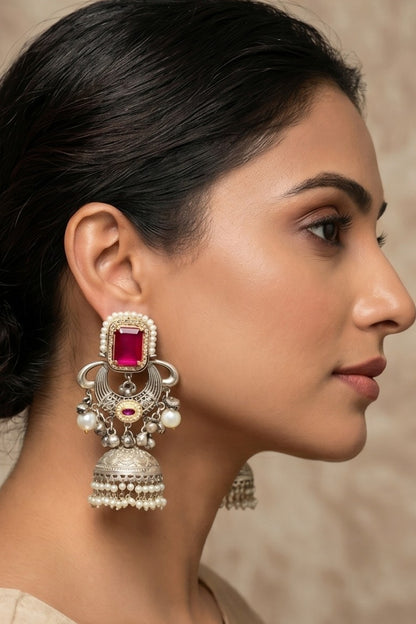 Oxidised Silver Finish Ruby Stone & Pearl Jhumka Earrings