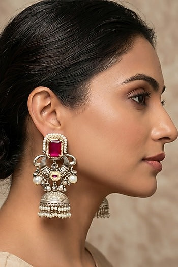 Oxidised Silver Finish Ruby Stone & Pearl Jhumka Earrings