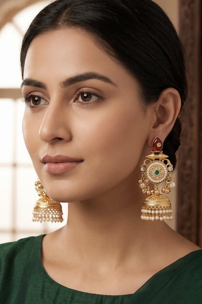 Gold Finish Ruby Stone & Pearl Jhumka Earrings