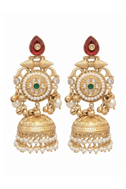 Gold Finish Ruby Stone & Pearl Jhumka Earrings
