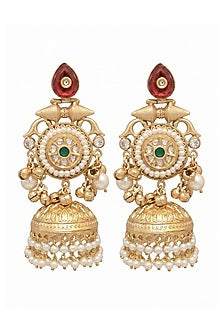 Gold Finish Ruby Stone & Pearl Jhumka Earrings