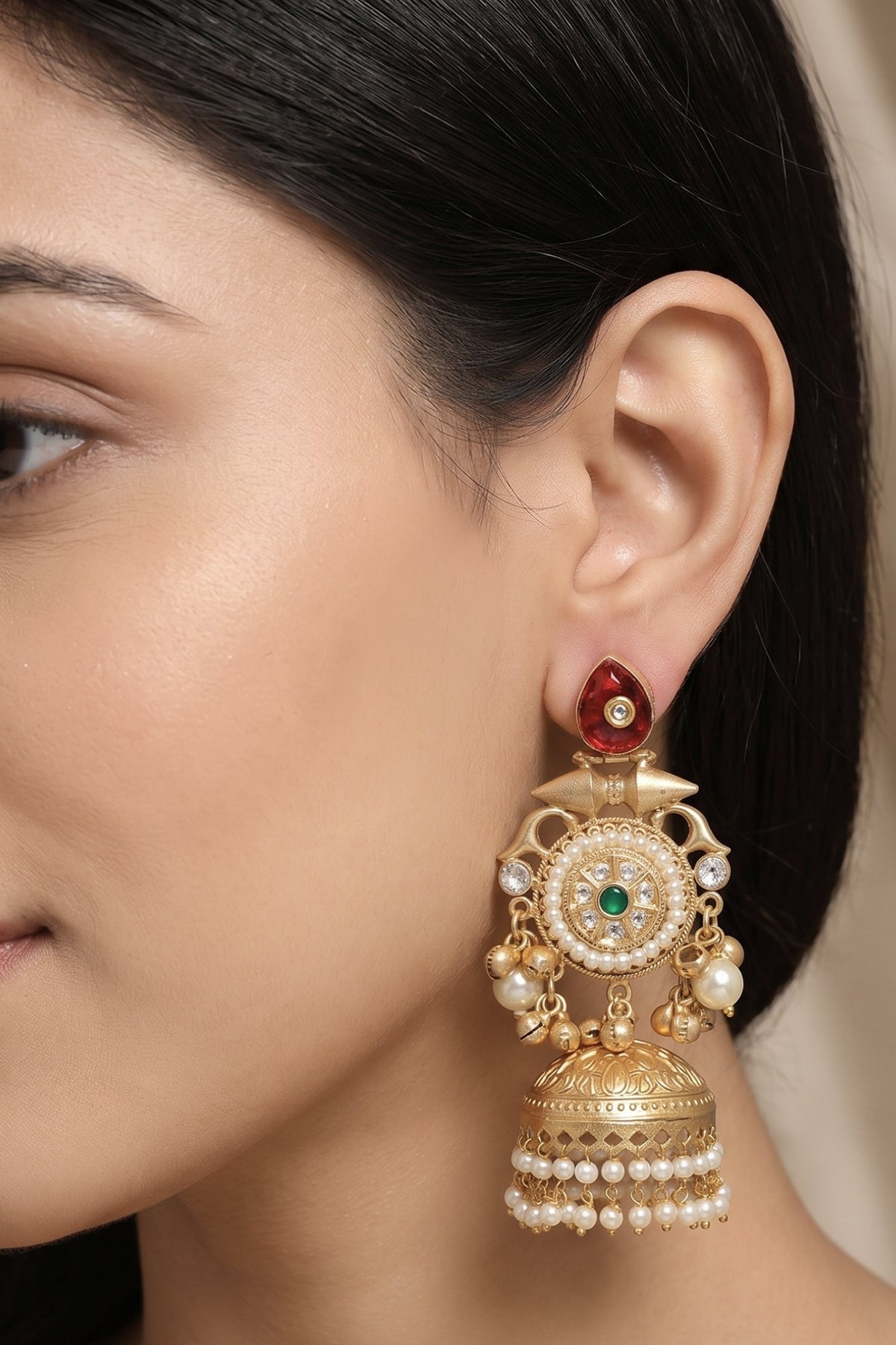 Gold Finish Ruby Stone & Pearl Jhumka Earrings