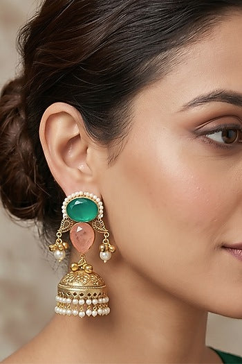 Gold Finish Multi-Colored Stone & Pearl Jhumka Earrings
