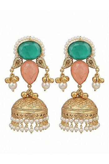 Gold Finish Multi-Colored Stone & Pearl Jhumka Earrings