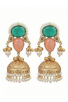 Gold Finish Multi-Colored Stone & Pearl Jhumka Earrings