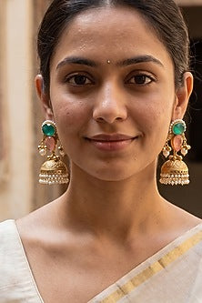 Gold Finish Multi-Colored Stone & Pearl Jhumka Earrings