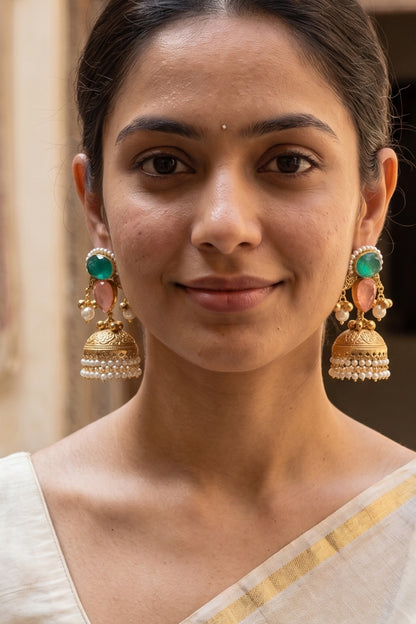 Gold Finish Multi-Colored Stone & Pearl Jhumka Earrings
