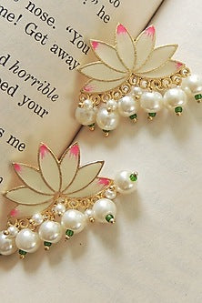 Gold Finish Pearl Lotus Enameled Stud Earrings