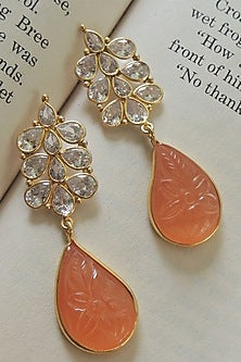 Gold Finish Orange Carved Stone Dangler Earrings
