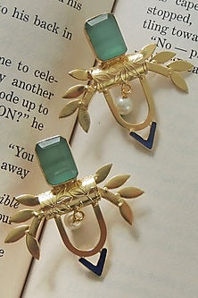Gold Finish Synthetic Stone Handmade Leave Stud Earrings