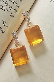 Gold Finish Champagne Stone Stud Earrings